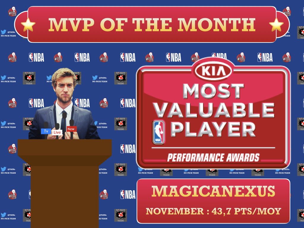 NoPickTeamTTFL's tweet photo. ⭐️ MVP OF THE MONTH ⭐️

FÉLICITATIONS à @MagicaNexus pour son titre de MVP du mois de Novembre avec une moyenne de 43,9 points par nuit 😍. Il occupe acutuellement la 66ème position au classement général 🔥 🔥 🔥. Retrouvez le bientôt en conférence de presse

#NoPickTeam @TTFLab https://t.co/lZ6SmOcNMY