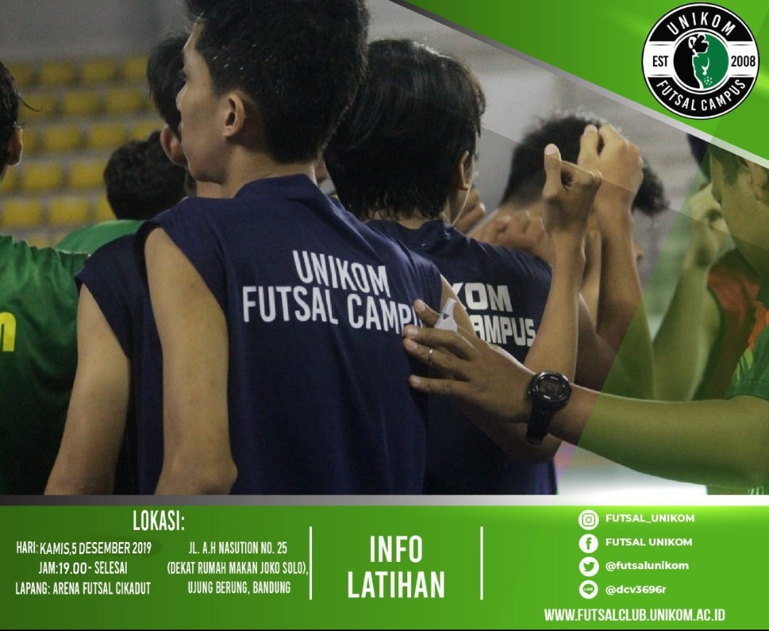 [info Latihan]
Hari: kamis, 05 Desember 2019
Jam: 19.00 - selesai
Lapang: Arena Futsal Cikadut

Jl. A.H Nasution No. 25 ,Ujung Berung, Bandung