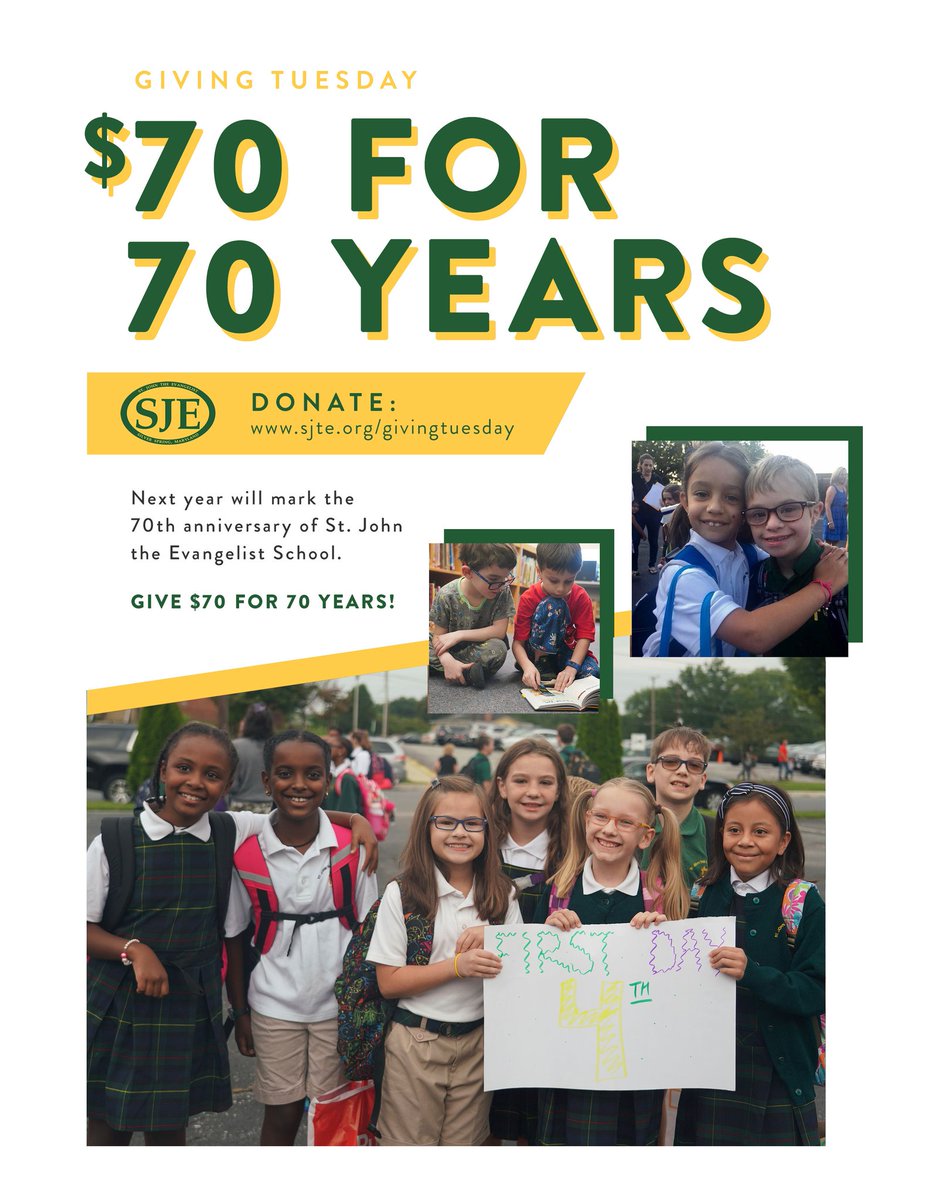 Giving Tuesday is here!! Please Support St. John the Evangelist Catholic School!
sjte.org/giving #ProudtobeSJE #70for70 #GivingTuesday2019