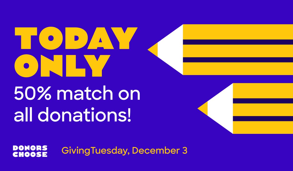 It’s today! Our 50% match for GivingTuesday is live. Your donation will go even further to help teachers and students. bit.ly/2DFx6Q4
#GivingTuesday #SupportTeachers