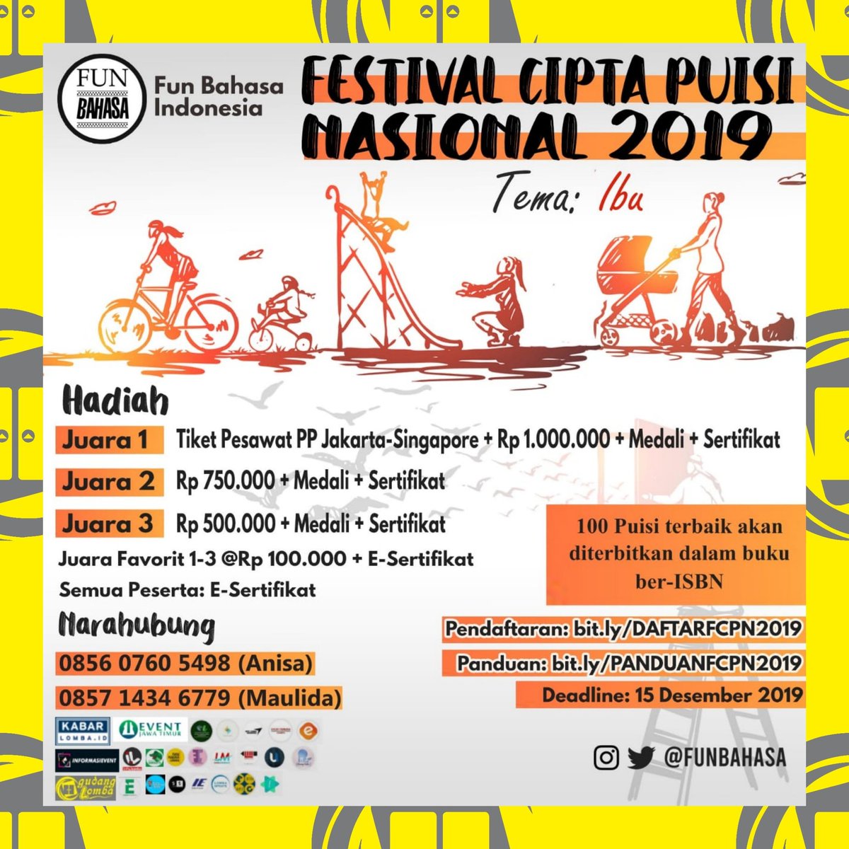 FESTIVAL CIPTA PUISI NASIONAL 2019

#FCPN2019 #funbahasa #lombapuisi #lombapuisinasional #lombapuisi2019 #lombamenulispuisi #lombaciptapuisi #infolombapuisi #infolomba 
#GudangLomba #LombaTerbaru #Lomba2019 #InfoLomba #Lomba #CariLomba #MauLomba #LombaNasional #Gudang #Juara