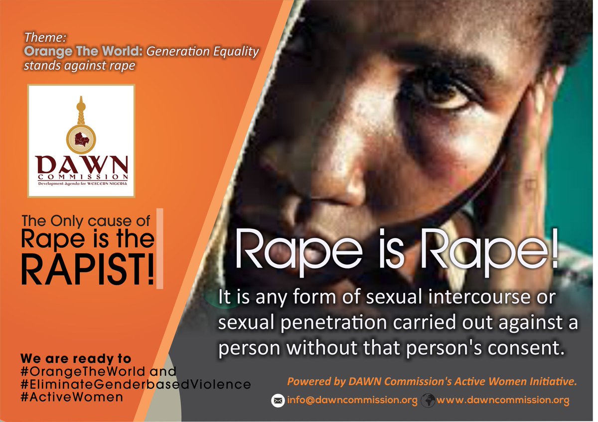 We are looking forward to a generation free of rape and other forms of sexual assault. 

Today, and everyday, we stand against rape.

#EndRape #EliminateGenderbasedViolence #orangetheworld #16Days #ActiveWomen