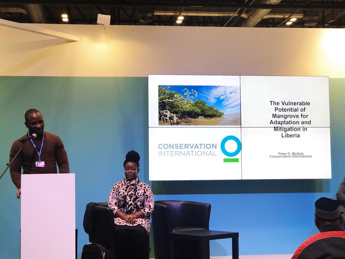 Executive Director/CEO of the Environmental Protection Agency of Liberia, <a href="/NatBlama/">Nathaniel T. Blama, Sr.</a> &amp;  <a href="/ConservationLib/">CI-Liberia</a> Deputy Country Director Peter G. Mulbah speaking today during a Side Event on 'the Potential of Mangroves for Climate Adaptation and Mitigation in Liberia' at #COP25.