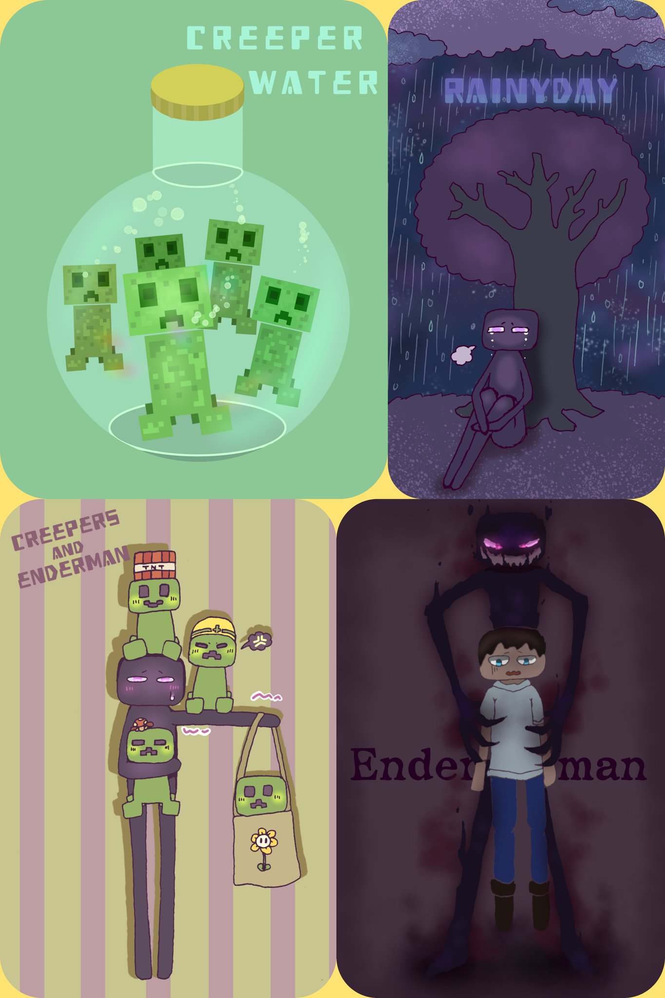 Twitter पर 羽根の生えたてるてる 今まで描いたマイクラの絵をまとめたコーナーです 割とゆる い絵柄で描いてるけど4枚目の口を開けてるエンダーマンだけ怖い マインクラフト 絵描きさんと繋がりたい イラスト好きな人とつながりたい エンダーマン