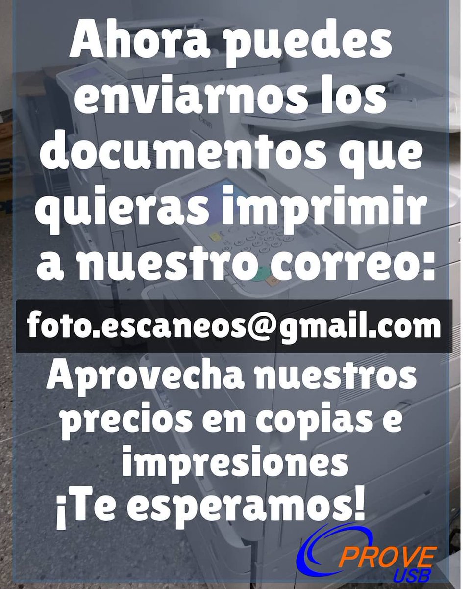 ProveUSB's tweet image. Aprovecha nuestros precios en copias, impresiones y encuadernaciones.
Ahora puedes puedes mandarlo a nuestro correo 
foto.escaneos@gmail.com