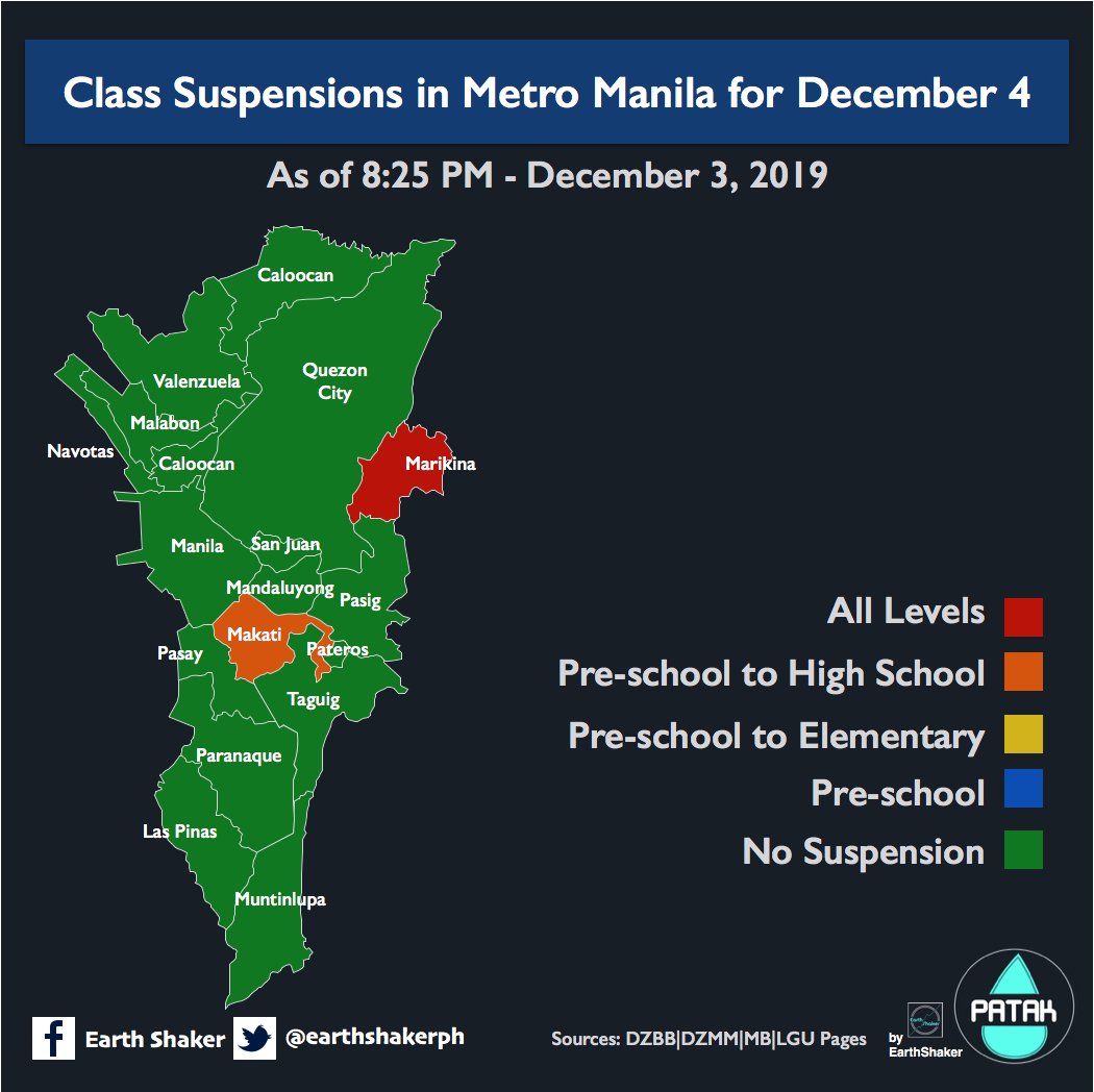 earthshakerph's tweet photo. JUST IN: Makati City suspends classes from Pre-school to SHS tomorrow (December 4). #WalangPasok #TisoyPH https://t.co/e2b29ZwnJm