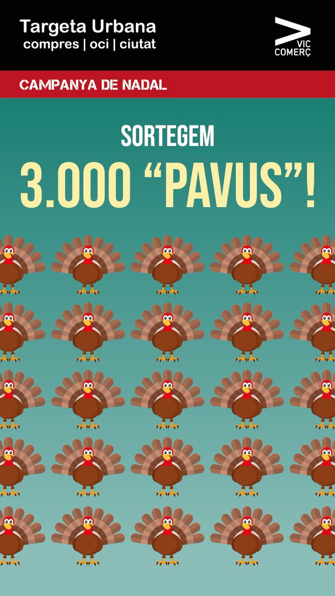 viccomerc's tweet photo. Aquest Nadal els galls d’indi 🦃🦃🦃 envaeixen la ciutat de #vic!!! Sortegem 3.000€ en vals de compra passant la @targetaurbana pels establiments adherits! #quequètenim #fumfumfum #morricristmas https://t.co/ehDZKIWxdT