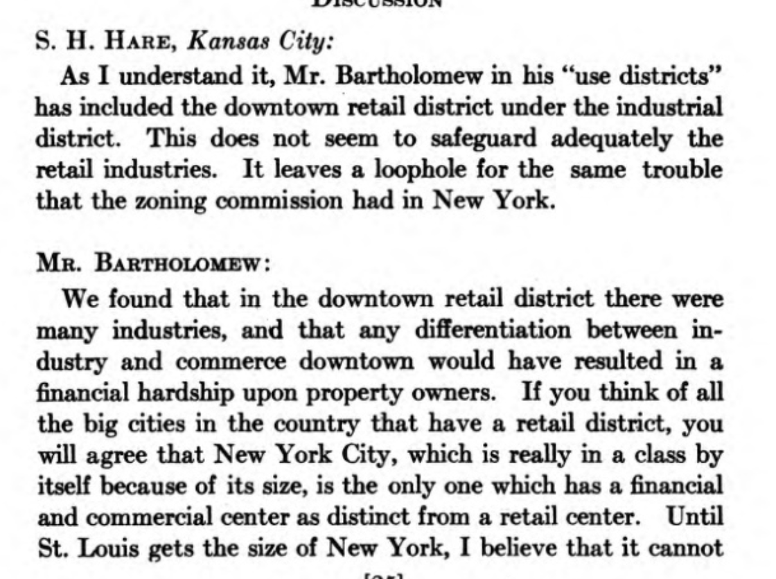 S. H. Hare from nearby Kansas City takes issue with Bartholomew combining retail and industrial zones as one. Bartholomew argues only NYC separates them because it is so big. That doesn't makes sense anywhere else.