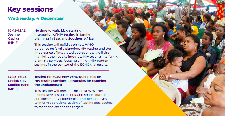 AIDSFree (@aidsfreegen) on Twitter photo Don't forget! <a href="/WHO/">World Health Organization (WHO)</a> will be hosting the following key sessions TOMORROW (Dec. 4) at #ICASA2019:
1) Integrating #HIV testing in #familyplanning in East & Southern Africa, 10:45 CAT
2) New WHO guidelines on #HIVtestingservices & strategies for reaching the undiagnosed, 14:45 CAT Don't forget! <a href="/WHO/">World Health Organization (WHO)</a> will be hosting the following key sessions TOMORROW (Dec. 4) at #ICASA2019:
1) Integrating #HIV testing in #familyplanning in East & Southern Africa, 10:45 CAT
2) New WHO guidelines on #HIVtestingservices & strategies for reaching the undiagnosed, 14:45 CAT