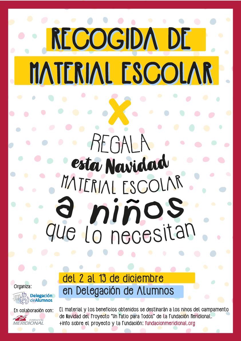 DAETSEM's tweet photo. 🎄CAMPAÑA DE NAVIDAD DE RECOGIDA DE MATERIAL ESCOLAR 🎄
📚✏📒🖍📐Para niños de 6 a 12 años en situación vulnerable de la Fundación Meridional. .
🗓 Del 2 al 13 de diciembre
📍 Delegación de Alumnos
Se puede participar llevando MATERIAL o en metálico.
#recogidamaterialescolar https://t.co/9NNdkla9uf