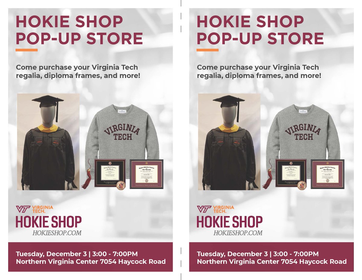 Pop Up VT University Bookstore, TODAY, at the Northern Virginia Center Lobby from 3-7pm.  Stop by to buy your VT swag gifts, regalia and more! #VTswag #VTNCRGSA #VTNCRGRADS @VTNCR <a href="/dchokies/">DC Hokies</a>