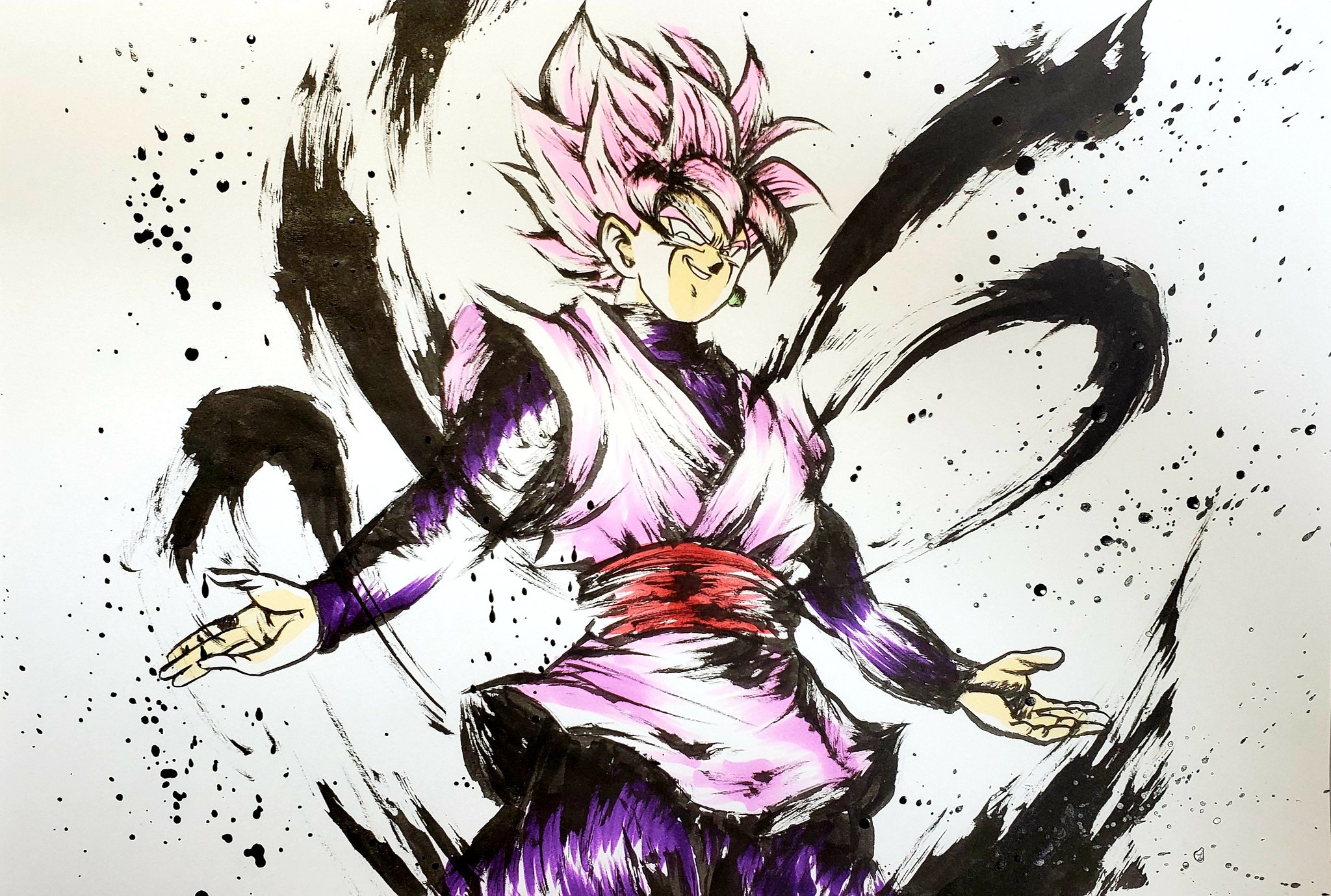 こバya4 ゴクウブラック 超サイヤ人ロゼ 模写してみました 今回は墨絵で描いた後にコピックで軽く色を付けてみました 色有りと無しだと皆さんどっちがいいですかね ドラゴンボール ドッカンバトル 模写 墨絵 コピック イラスト