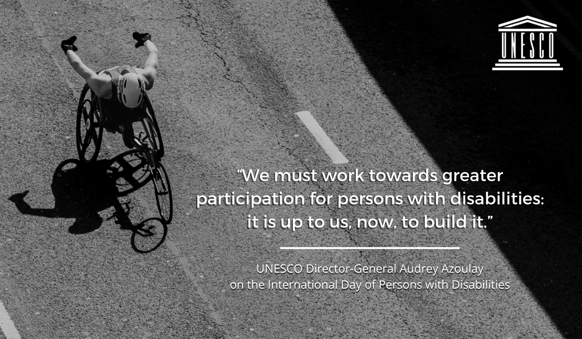 UNESCO's tweet image. More than 1 billion people 🌍 live with disabilities.

Tuesday&apos;s Intl Day of Persons with Disabilities reminds us, that in order to create positive change, we must protect the rights of people with disabilities &amp;amp; #LeaveNoOneBehind.

🤝on.unesco.org/2Ru7YAV #IDPD #ThisAbility