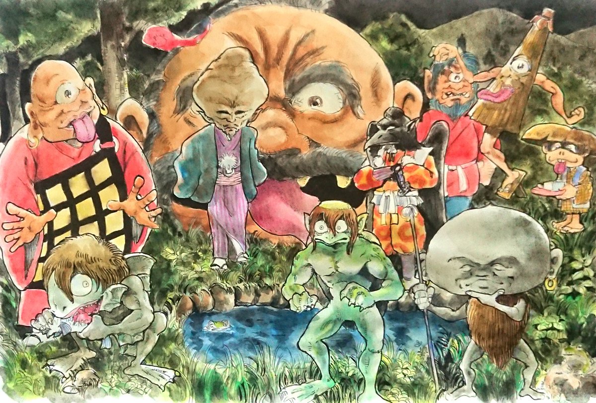 かものはし乱坊 妖怪寄せ描きイラスト いつもふざけた絵ばかりあげているので たまには真面目なイラストも 妖怪 ぬらりひょん カラス天狗 つるべ落とし 一本ダタラ 河童 から傘お化け 豆腐小僧 見上げ入道 油すまし 水木しげる イラスト
