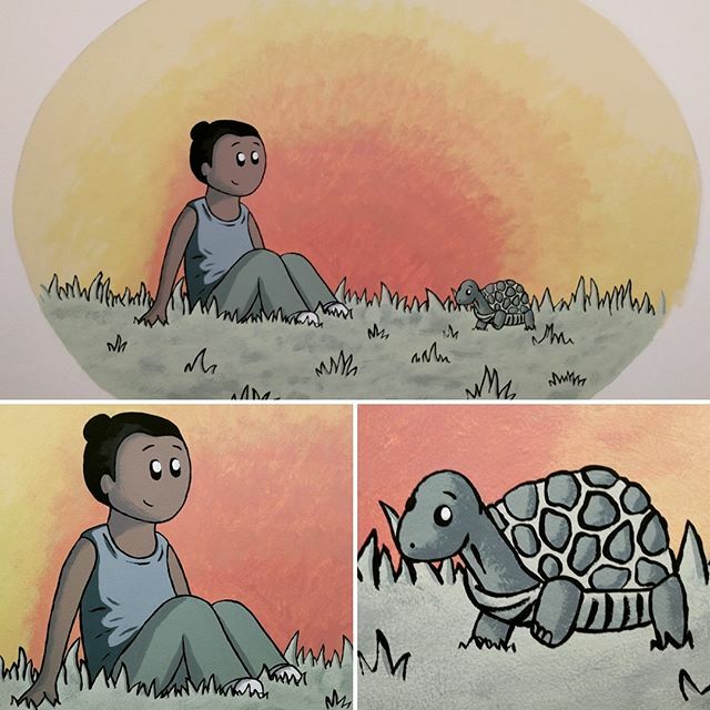 Sarah_Spendlove's tweet photo. Very nearly done on this one! Just some dandelions to add to the scene. There will be some seeds floating away to fill in that sky. Who doesn't love a good sunset?! #mural #wallart #painting #acrylic #camhs #create #commission #tortoise #youngpeople #sunset #dandelions #wallmural https://t.co/FN99kaHlDI