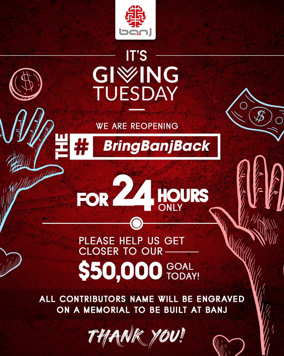 banjHT's tweet photo. It’s #GivingTuesday and We are reopening the #BringBanjBack campaign for 24 hours only!
Click here: https://t.co/Z3KbfNO1HC
If you did not have the chance to support Banj’s reconstruction yet, today is the best day to do it!
Please Help us get closer to our $50,000 goal today! https://t.co/5xTPJrY5C9
