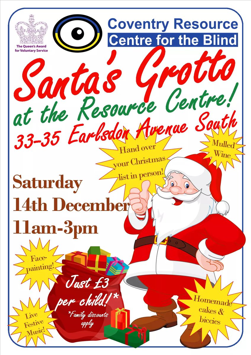 Another date for the diary: Santa's Grotto 🎅Saturday 14th December from 11am - 3pm at CRCB. Festive music, face painting, homemade cakes and mulled wine ☃️
🎁 Spread the word 🎁 <a href="/ECHOCommNews/">ECHO Community News</a> <a href="/EarlsdonRunClub/">Earlsdon Run Club</a> #santasgrotto #Coventry