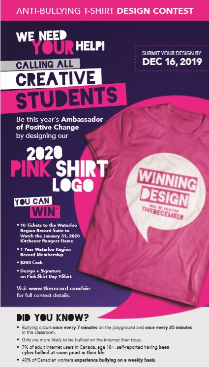 Did you know, that the winning design for #PinkShirtDay you can win tickets to <a href="/OHLRangers/">Kitchener Rangers</a> game on January 31st, a <a href="/WR_Record/">Waterloo Region Record</a> subscription and $200 cash!

Submit your design by December 16th Visit therecord.ca/nie for more details

@WAYVE_WR <a href="/wrdsb/">Waterloo Region DSB</a> <a href="/PicWRDSB/">WRDSB PIC</a> <a href="/WCDSBNewswire/">WCDSB</a>