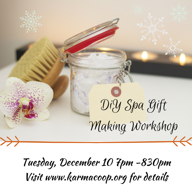 KarmaCoop's tweet photo. Make your own gifts this holiday season! Come to our workshop on Tues, Dec 10, 7-830pm & make 3 custom spa inspired gifts. Visit https://t.co/FTcDj6JmJd for details. #eventsTO #workshopsTO #TorontoEvents #DIYToronto #zerowaste #makelesswaste #0wasteTO #BYOC #DIYholidays #DIYgifts https://t.co/dyLKbKMfcu