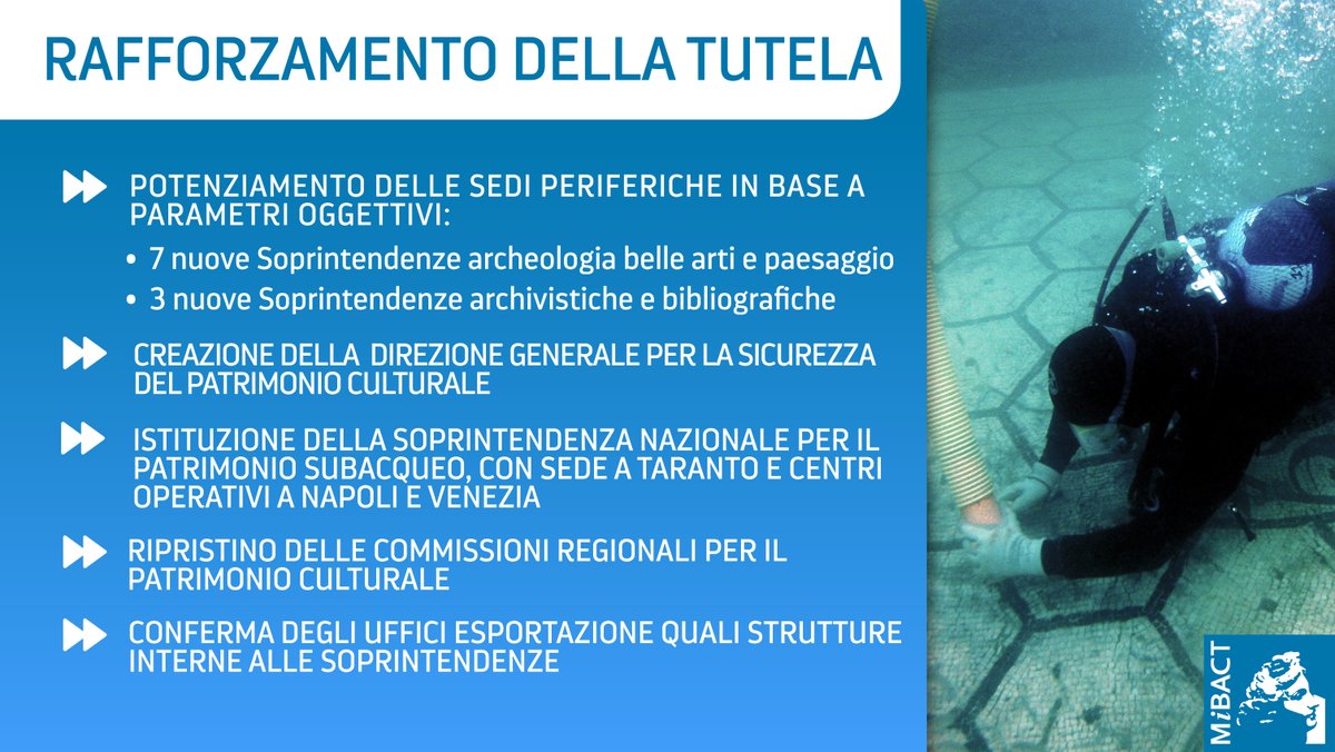 #Tutela / Nuovo regolamento di organizzazione #MiBACT, <a href="/dariofrance/">Dario Franceschini</a>: «10 nuove Soprintendenze, 7 archeologiche belle arti e paesaggio, 3 archivistiche e librarie. Nascono la Direzione Generale per la sicurezza del Patrimonio e la Soprintendenza per il patrimonio Subacqueo».