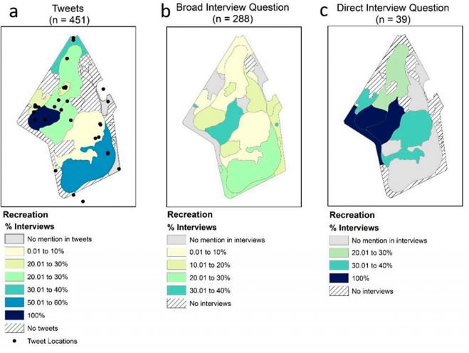 Figure 4 in new study shows distribution of recreation cultural ecosystem by data collection methods.