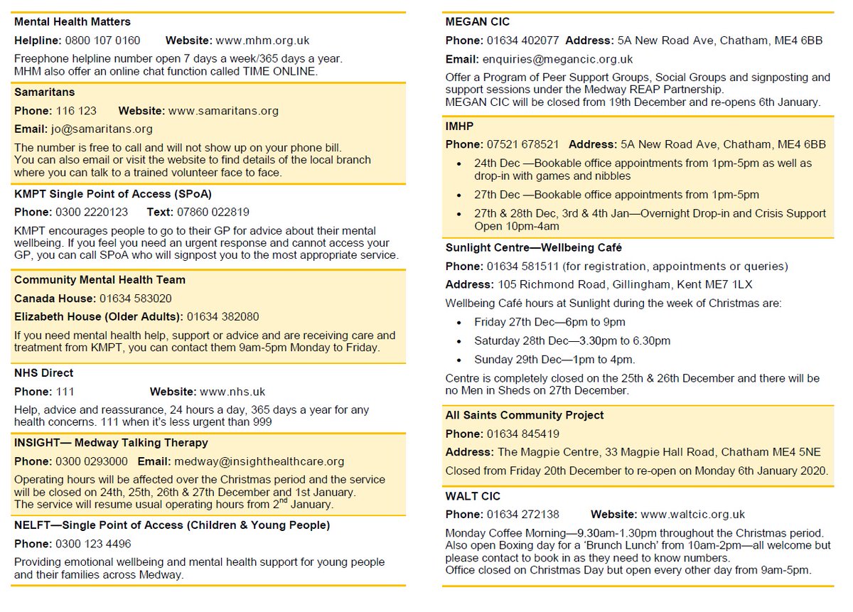 Medway #Christmas Support Booklet lists organisations offering support over the festive period #mentalheath <a href="/samaritans/">Samaritans</a> @kmptnhs @Insight_Kent <a href="/NELFT/">North East London NHS Foundation Trust (NELFT)</a> @IMHPMedway <a href="/allsaintscpt/">All Saints Community</a> @WALTcic <a href="/Medway_Foodbank/">Medway Foodbank</a> <a href="/thestreetangel2/">The Gillingham street angels</a> <a href="/onebigfamilyHTH/">One Big Family - HTH</a>  <a href="/CaringHandsuk/">Caring Hands</a> <a href="/MedwaySunlight/">Medway Sunlight Rotary</a>