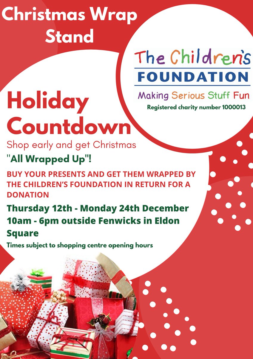 tcfcharity's tweet photo. We’re giving thanks to all our supporters this #GivingTuesday. We are able to make a world of difference to children and young people in the North East by #Makingseriousstufffun. An easy way to give is to pop along to our wrap stand with your gifts and let us do the work for you https://t.co/60AiYN5pR4