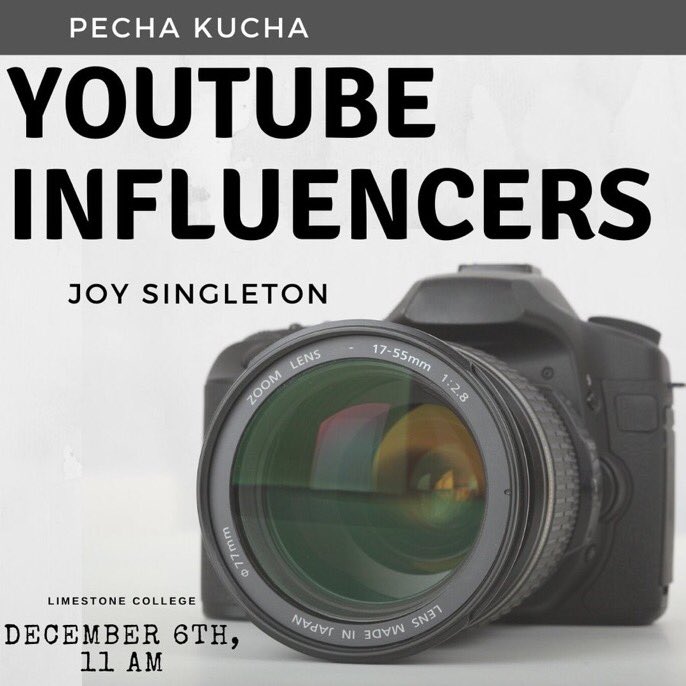 joyarabella1's tweet photo. Come out and hear me talk about the social media impact of Youtube Influencers! December 6th in the Winnie Davis building, room 104, at Limestone College. #LCsymposium #LimestoneCollege https://t.co/nQcs08yuvB