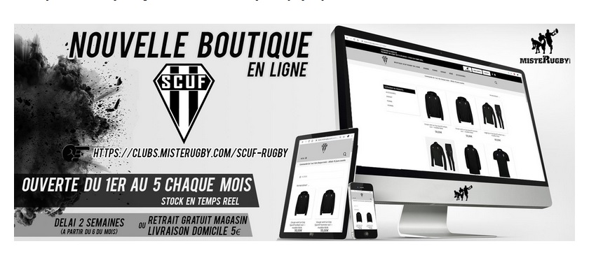 Nvelle boutique en ligne du SCUF - Retrait gratuit en boutique (40 Rue Saint-Jacques Paris5) ou Livraison pour 5€ (gratuite à partir de 150€) – Livraison avant Noël pour les achats passés la semaine prochaine – Boutique en ligne ouverte du 1er au 5 de chaque mois jusqu’en juin.