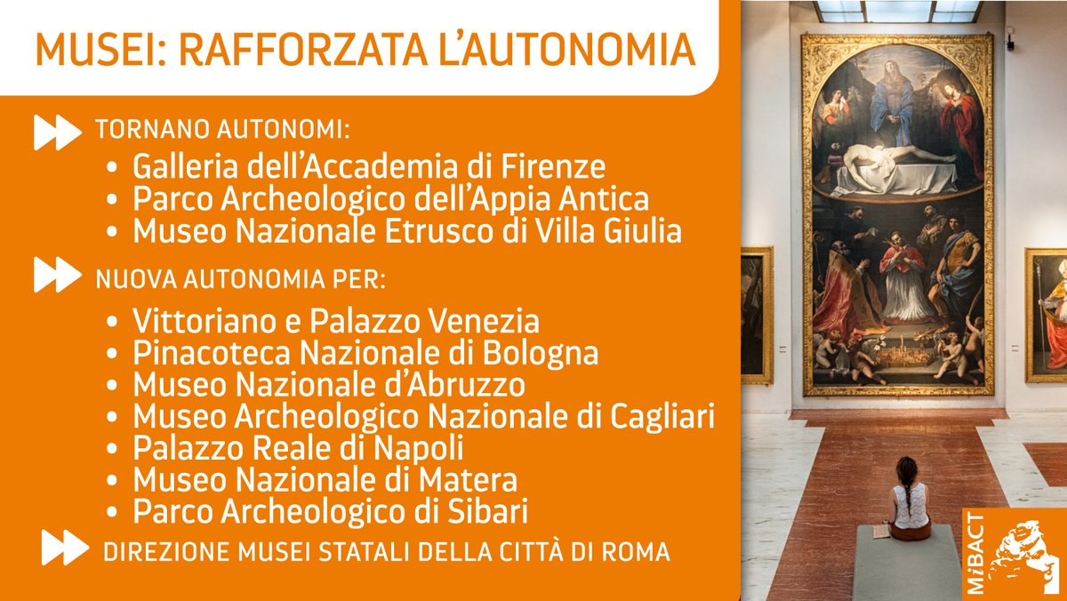 #museitaliani / Nuova organizzazione #MiBACT, <a href="/dariofrance/">Dario Franceschini</a>: «Rafforzata autonomia che torna per Galleria dell'Accademia Firenze, Parco Archeologico Appia Antica e Museo Nazionale Etrusco Villa Giulia. 7 nuovi musei autonomi. Nasce la Direzione Musei Statali della città di Roma».