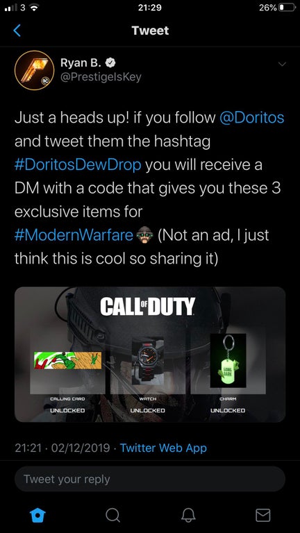 Zero5_Kev's tweet photo. @CallofDuty #ModernWarfare @GameFuel #Doritos #DoritosDrewDrop @ATVIAssist @ATVI_AB @Activision 
Im still waiting on my codes so i can get a watch. 
i am following you all and i have tweeted what is needed to be done. 
where is the codes.  

I want my watch. https://t.co/J0Th9QgXO1