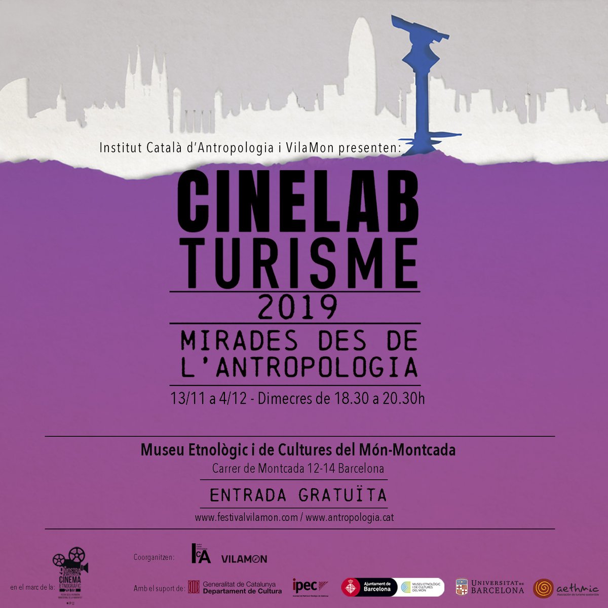 Moltes gràcies a tots els assistents i col·laboradors que ens han acompanyat i aportat el seu punt de vista en les sessions del #CinelabTurisme 2019! Tornem l'any vinent amb més turisme i més mirades des de l'antropologia!
@FabiolaMancine1
<a href="/AntropologiaCat/">ICA</a>
<a href="/MUEC_BCN/">Museu Etnològic i de Cultures del Món</a>
<a href="/wecoplan/">wecoplan</a>