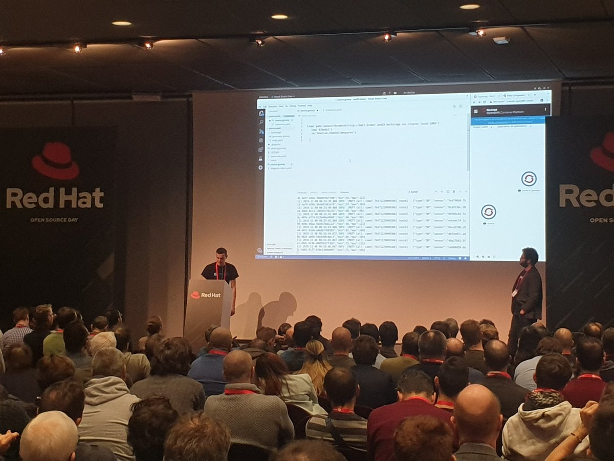 natalevinto's tweet image. @valdar on stage with live demo on #Knative #OpenShift4 here at #RedHatOSD together with @gbonocore 😎🔝 #Kubernetes #ApacheCamel