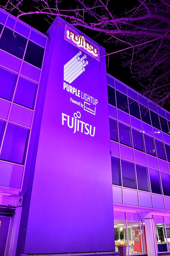 Fujitsu_FDE's tweet photo. We're celebrating #PurpleLightUp today! So proud to see #Fujitsu and the #FDEs lighting up the offices - how does amazing Stevenage look?! No purple socks this year☹️but still thrilled to celebrate International Day for Persons with Disabilities. 💜💜 https://t.co/qqhj6pAUyP