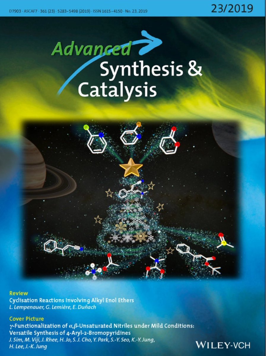 AdvSynthCatal's tweet photo. The newest issue iis just out with Front Cover(VIP) by Lee, Jung, et al on synthesizing pyridines, a review by Lemière @ScienceSorbonne, Duñach, et al @Univ_Nice on #cyclisation, and #openaccess papers by Kirschner @Kirchner_Lab and Wessjohann @IPB_Halle https://t.co/eCILFt0LIk https://t.co/BW5AoAin3M