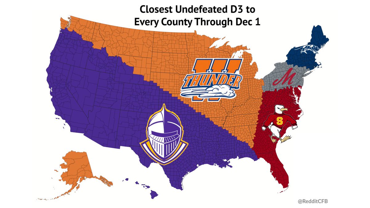 RedditCFB's tweet photo. The closest undefeated #D3FB team to each county in the United States as they head into the quarterfinals: #UndefeatedMap (12/1) https://t.co/3Hkp4X52Ms