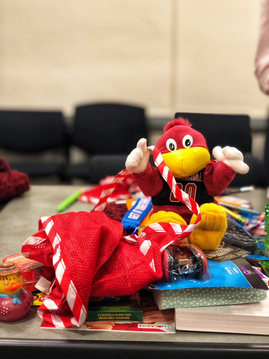 UofSC_TCoop's tweet image. Cocky took a break to help #tcoop Research &amp;amp; Instruction librarians. He helped fill up 24 holiday stockings for children in need. Keep an eye out as #CockysTrekThroughTCoop to see what else he finds. #UofSC #UofSCStudents #finalsareuponus