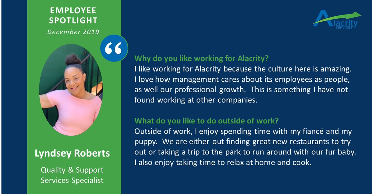 AlacritySvcs's tweet photo. Meet Lyndsey Roberts, one of Alacrity's Quality and Support Services Specialists #PeopleofAlacrity https://t.co/kY3OFr2EVD