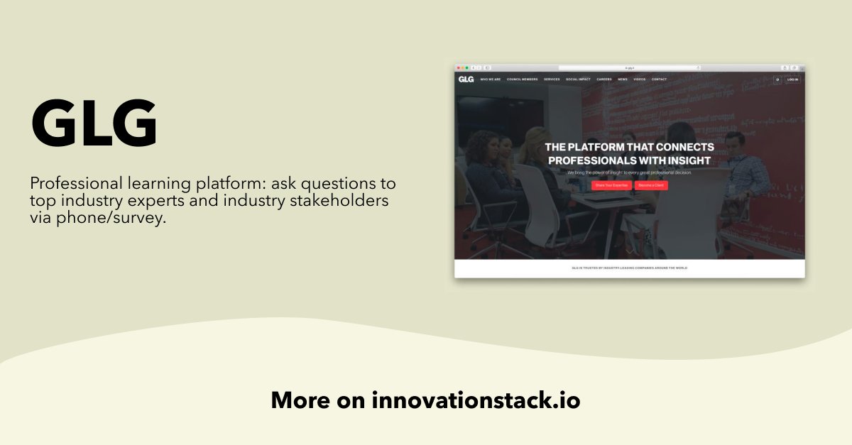 boardofinno's tweet image. #Innovationstack #Innovationtool
Connect professionals with insights. GLG enables you to ask top industry experts and stakeholders questions via phone/survey 👉bit.ly/2Orx3xr