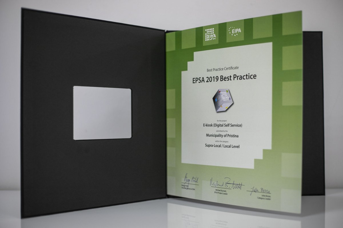 <a href="/EPSAawards/">EPSA 2019</a> i ka ndarë Prishtinës çertifikatën “Praktika më e mirë” për projektin e E-kioskut!

Reformat dhe digjitalizimi i administratës publike mundësojnë dhe sigurojnë cilësi në shërbimet për qytetarë.

Urime Prishtinë! ❤️