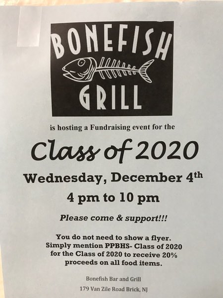 Bonefish Fundraiser this Wednesday for the class of 2020!! No flyer needed! Help support the class!!!!! Advertise to friends, family and teachers!!!!! 🐾🐾🐾 #goboro