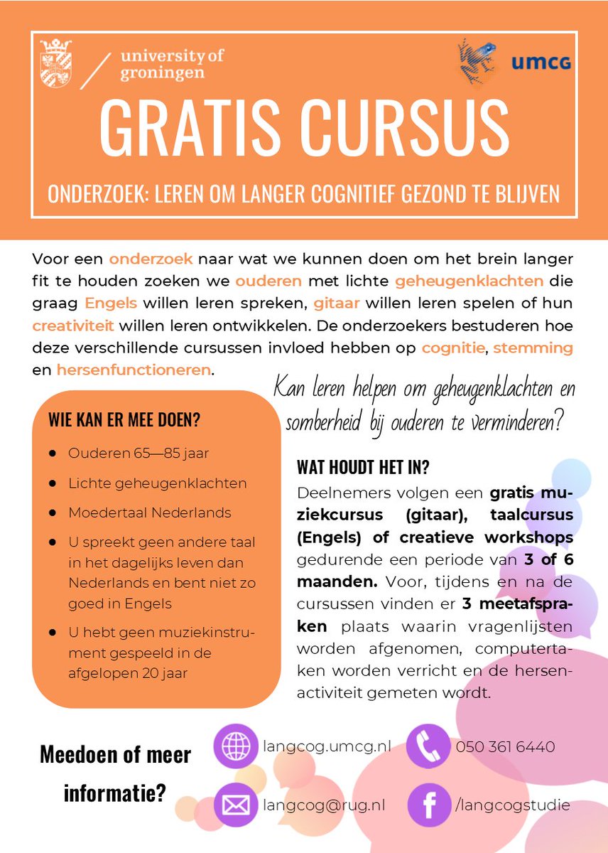 Voor ons onderzoek naar het fit houden van het brein en het verminderen van geheugenklachten en somberheid zoeken we nog +100 ouderen die vanaf februari een gratis gitaarcursus, cursus Engels of creatieve workshops willen volgen. <a href="/researchumcg/">Research UMCG</a> <a href="/umcg/">UMCG</a> <a href="/univgroningen/">University of Groningen</a>  #Groningen
