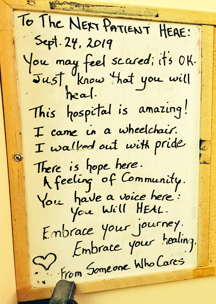 MKutney's tweet image. A note from one @bruyerecare patient to another: "I came in a wheelchair. I walked out with pride. There is hope here." #SomeoneWhoCares #BeMoved
