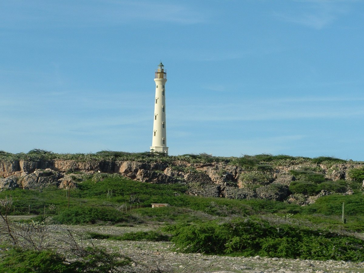 In the distance, "The California Lighthouse" located at Hudishibana near Arashi Beach on the northwest tip of Aruba. This lighthouse was named for the steamship California, which was wrecked nearby on September 23, 1891