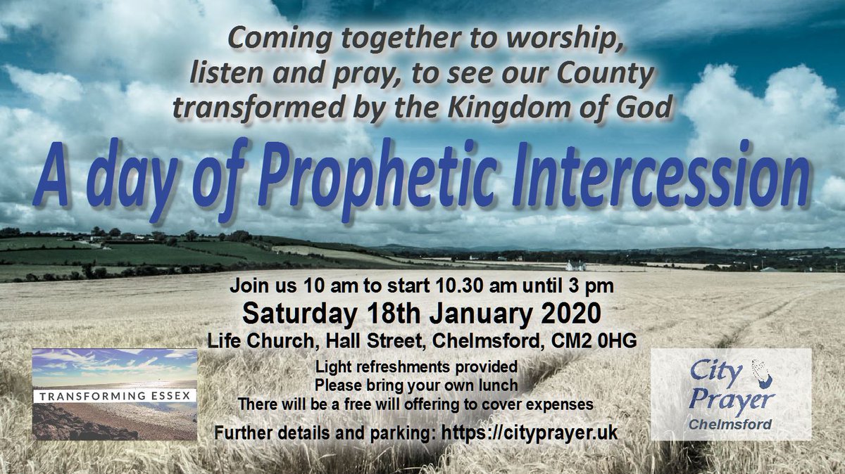 cityprayer_uk's tweet photo. You are warmly invited to this prophetic prayer event in our City on Saturday 18th January 2020 - please spread the word or share to all living in Essex. @CTiChelmsford https://t.co/pS5ba5ns1M