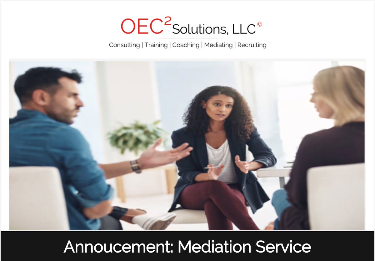 Oec2solutions's tweet image. OEC ² Solutions is happy to announce that we expanded our business to include mediation. 
oec2solutions.com/mediating/

#Mediation #AlternativeDisputeResolution #ConflictResolution
#WorkplaceMediation #DivorceMediation #RelationshipMediation #CulturalDiversity  #DiverseMediators