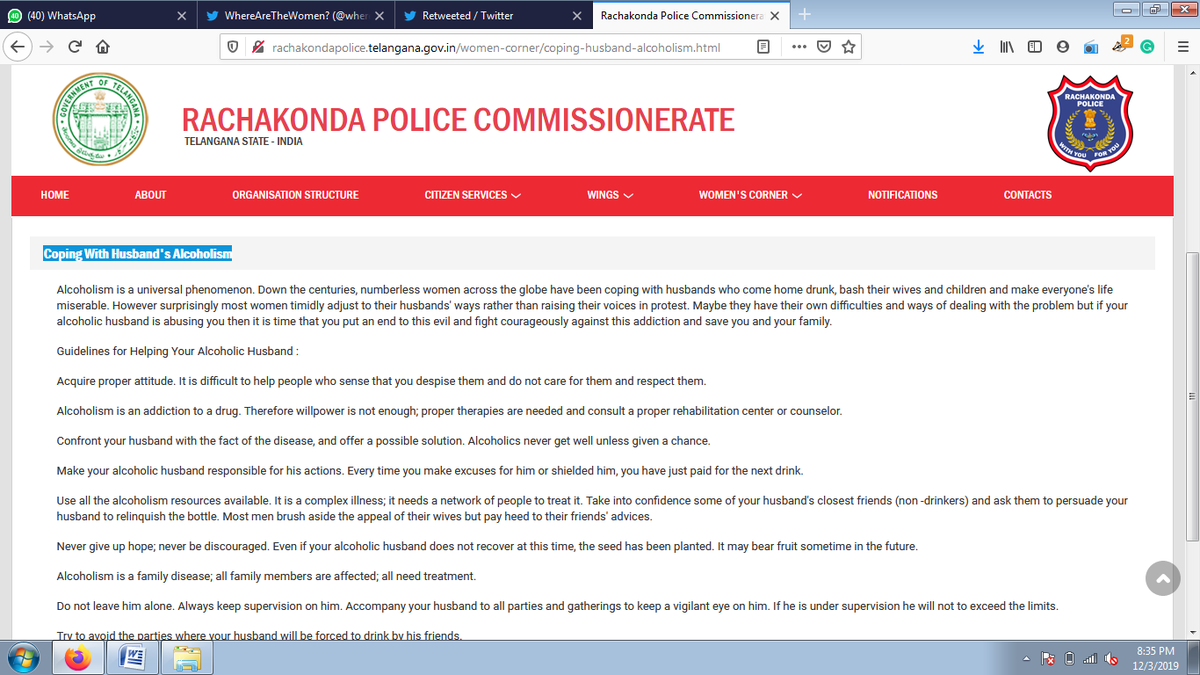 wherearewomen1's tweet photo. #StopTellingWomen to cope with Husband's Alcoholism. Such shitty advice. Remove this page from your website.
https://t.co/ejHQr8WM2i #yes2freedom #no2rape
@ts_womensafety @TS_SheTeams @TelanganaCMO @TelanganaDGP @hydcitypolice @CyberCrimeshyd @RachakondaCop @cyberabadpolice https://t.co/Ojt3Infa0f