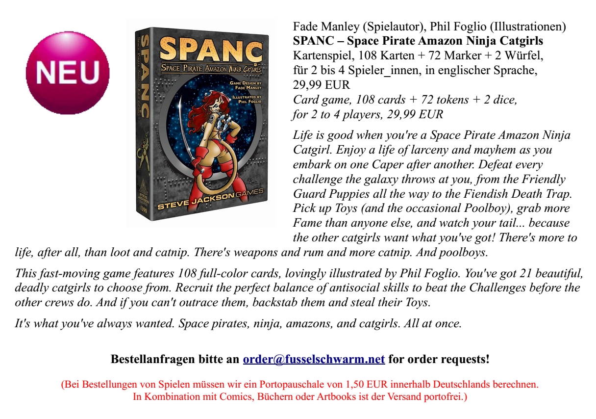 Fusselschwarm on Twitter: "NEW IN STOCK from @SJGames: SPANC - the Space  Pirate Amazon Ninja Catgirl game illustrated by the one and only Phil  Foglio (XXXenophile &amp; Girl Genius)!😍 #FurryPartygame Rulesheet:  https://t.co/MRRKcmt4wm