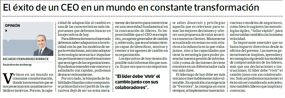 TOCasociados's tweet photo. "El líder debe 'vivir' el cambio junto con sus colaboradores". Ricardo Fernández Ribbeck, socio director de Amrop Perú, habla sobre qué características debe tener un CEO en este mundo de constante transformación en su columna publicada en @Gestionpe. #TOCAliados #Amrop https://t.co/OjcQ7PMhJf