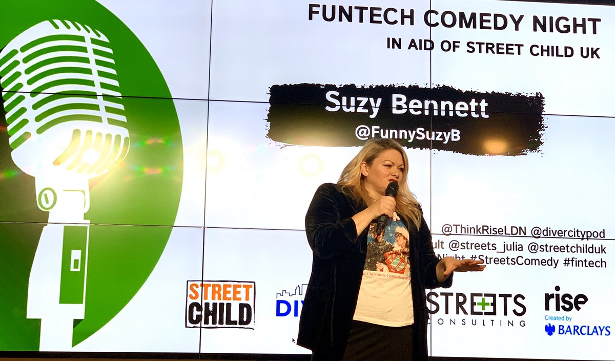 Delighted to have <a href="/FunnySuzyB/">Suzy Bennett Shambrook</a> headlining our #FunTechComedyNight. Evening in partnership with @ThinkRiseLDN <a href="/divercitypod/">DiverCity® Podcast</a> raising money for <a href="/streetchilduk/">Street Child</a>. #StreetsComedy #fintech